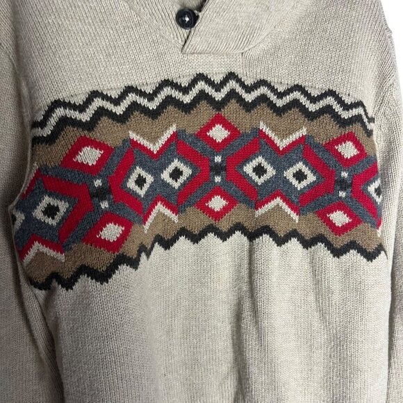 Lands End Kids Boys M Sweater Fair Isle Cotton Button Neck Holiday‎ Tan Red - Picture 2 of 5